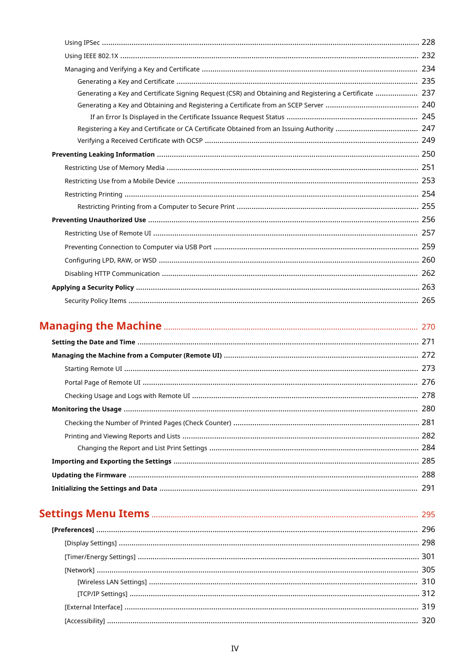 Managing the machine, Settings menu items | Canon imageCLASS LBP674Cdw Wireless Color Laser Printer User Manual | Page 5 / 565
