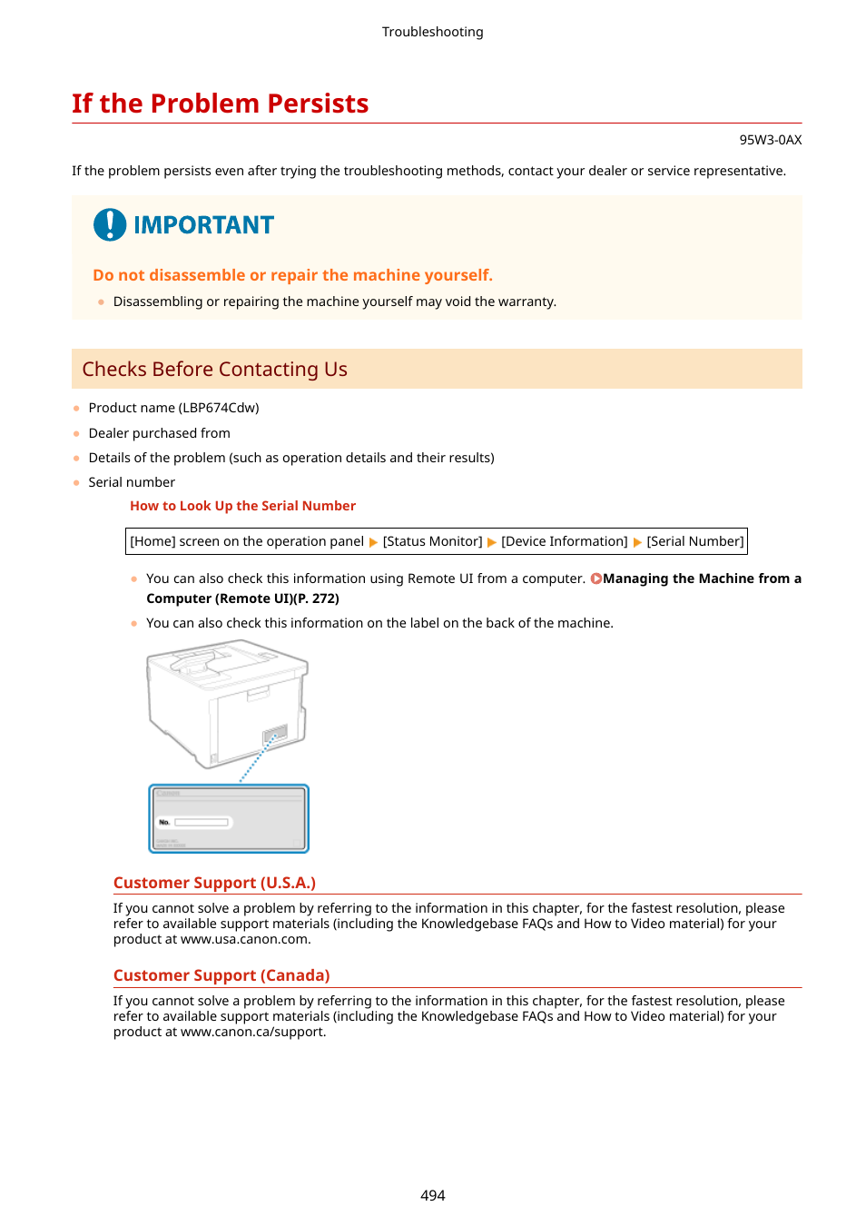 If the problem persists, If the problem persists(p. 494), Esentative. if the problem persists(p. 494) | If the problem, Persists(p. 494), Checks before contacting us | Canon imageCLASS LBP674Cdw Wireless Color Laser Printer User Manual | Page 502 / 565