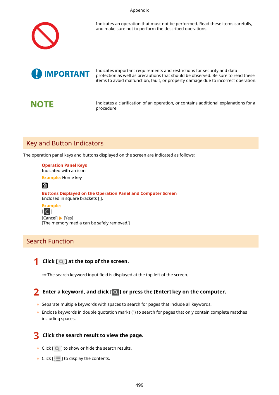 Key and button indicators, Search function | Canon imageCLASS LBP674Cdw Wireless Color Laser Printer User Manual | Page 507 / 565