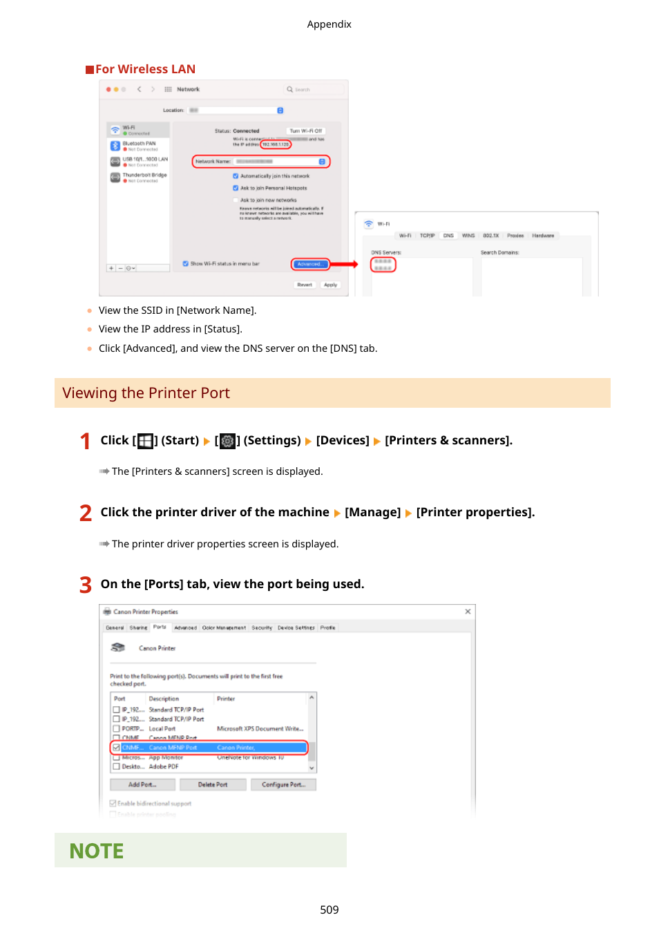 Viewing the printer port(p. 509) | Canon imageCLASS LBP674Cdw Wireless Color Laser Printer User Manual | Page 517 / 565