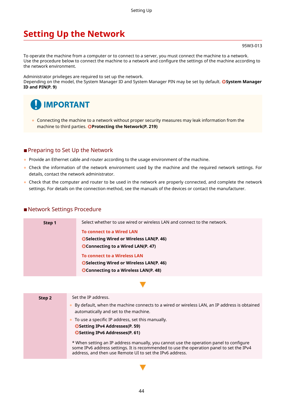 Setting up the network, Setting up the network(p. 44) | Canon imageCLASS LBP674Cdw Wireless Color Laser Printer User Manual | Page 52 / 565