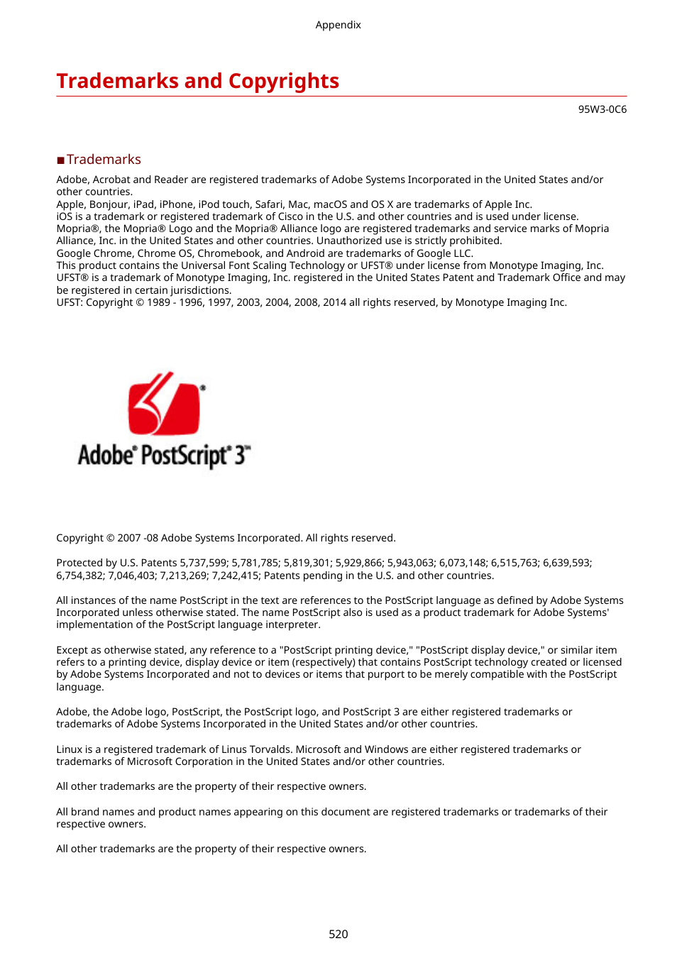 Trademarks and copyrights, Trademarks and copyrights(p. 520) | Canon imageCLASS LBP674Cdw Wireless Color Laser Printer User Manual | Page 528 / 565