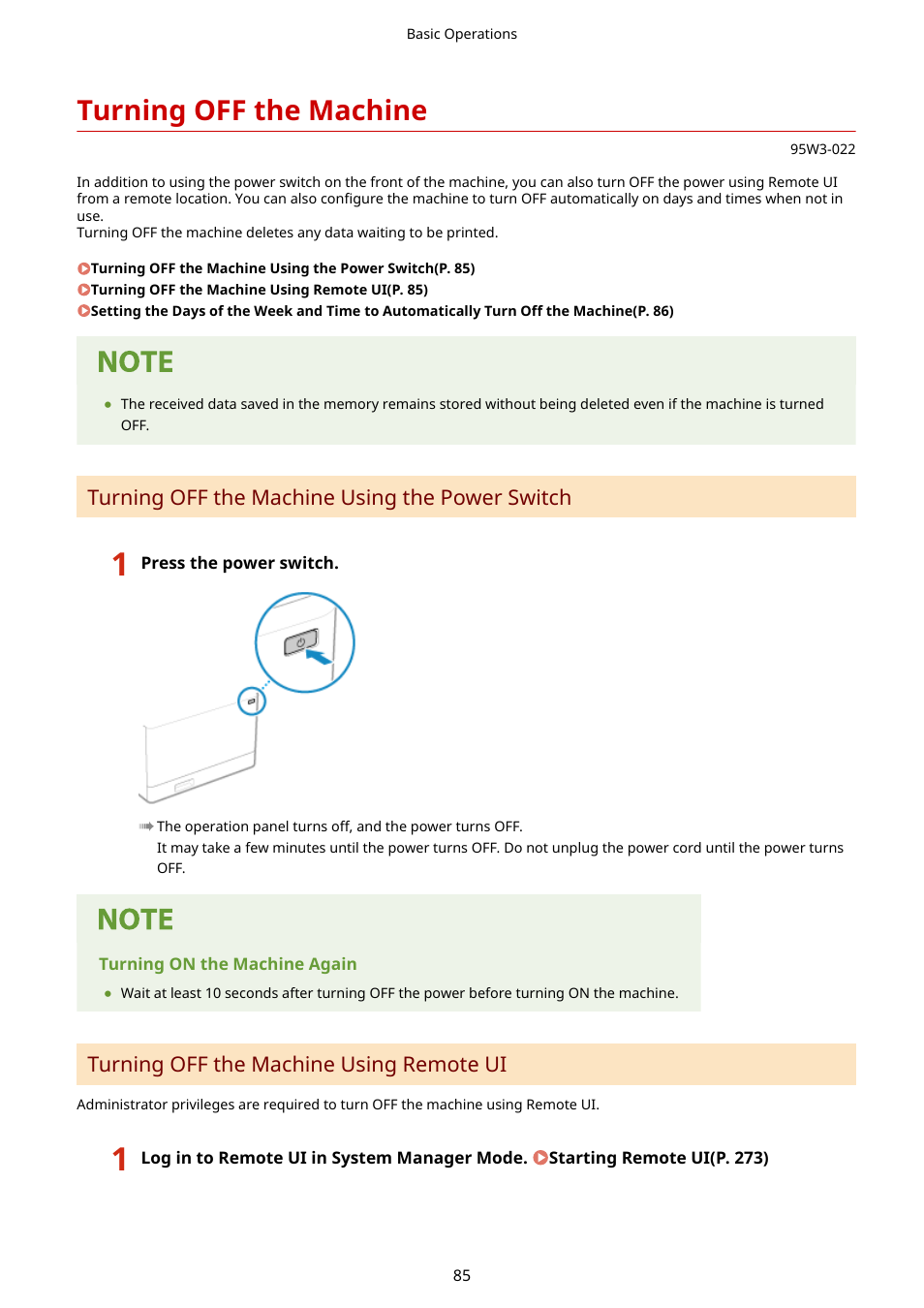 Turning off the machine, Turning off the machine using the power switch, Turning off the machine using remote ui | Canon imageCLASS LBP674Cdw Wireless Color Laser Printer User Manual | Page 93 / 565