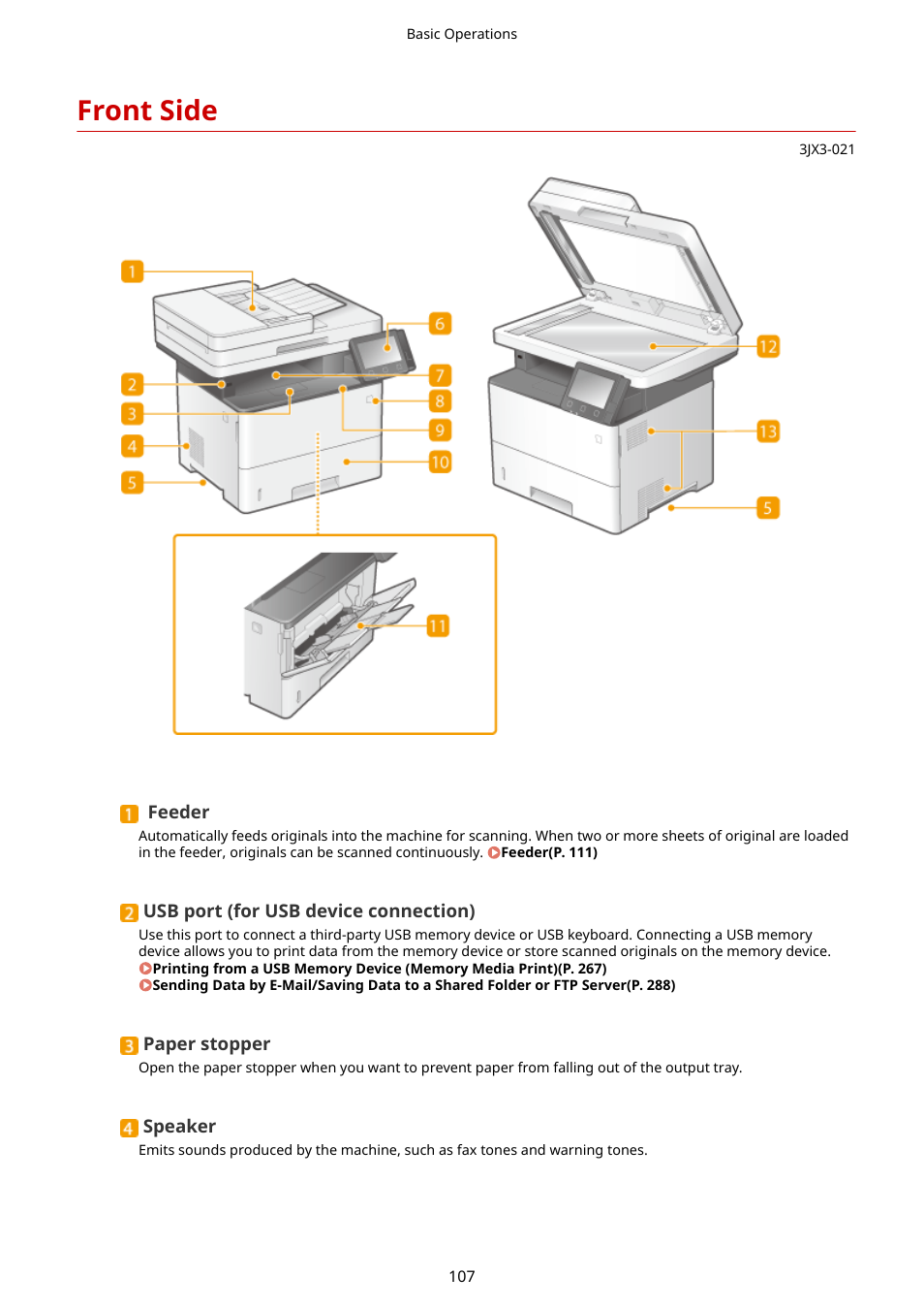 Front side, Front side(p. 107) | Canon imageCLASS D1650 All-in-One Monochrome Laser Printer User Manual | Page 115 / 751