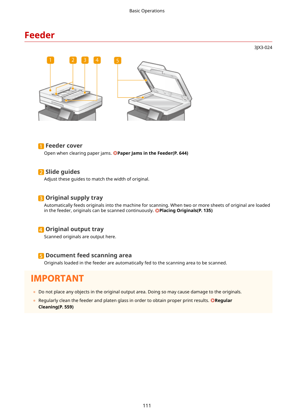 Feeder, Feeder(p. 111) | Canon imageCLASS D1650 All-in-One Monochrome Laser Printer User Manual | Page 119 / 751