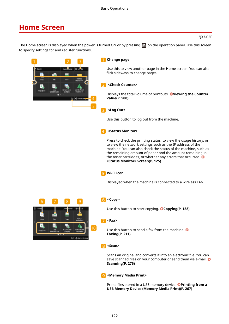 Home screen, Een. home screen(p. 122), Home screen(p. 122) | Canon imageCLASS D1650 All-in-One Monochrome Laser Printer User Manual | Page 130 / 751