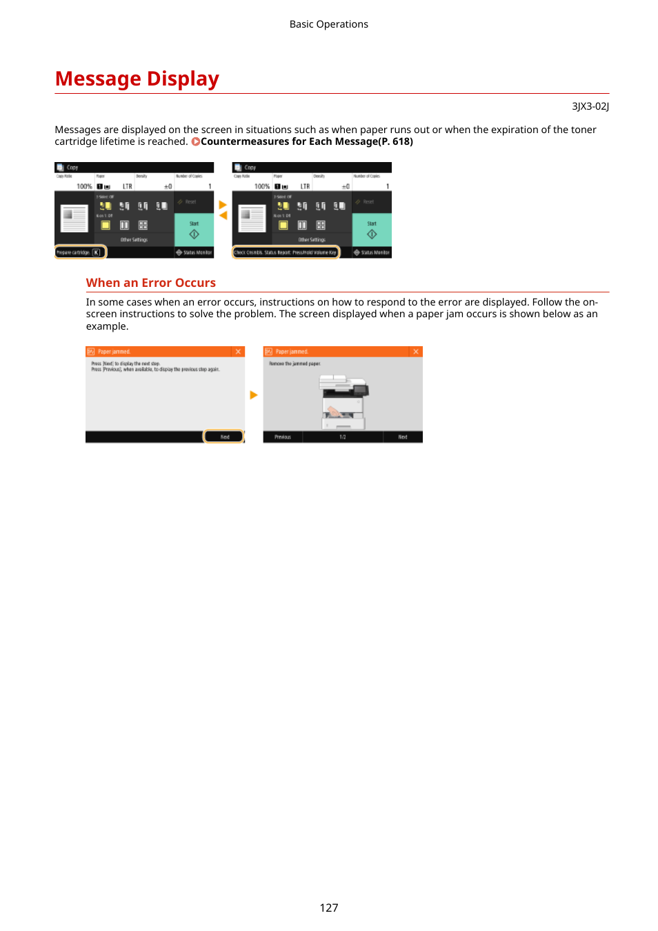 Message display, Message display(p. 127) | Canon imageCLASS D1650 All-in-One Monochrome Laser Printer User Manual | Page 135 / 751