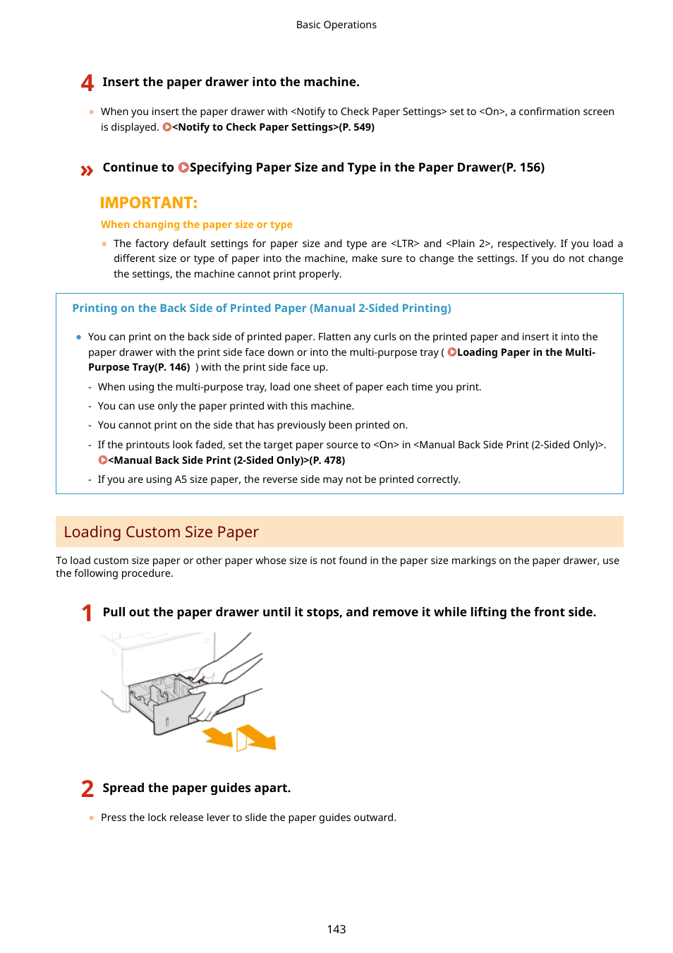 Loading custom size paper(p. 143), Wn in loading custom size paper(p. 143) | Canon imageCLASS D1650 All-in-One Monochrome Laser Printer User Manual | Page 151 / 751