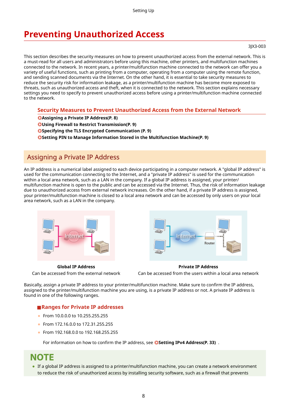 Preventing unauthorized access, Also check preventing unauthorized, Access(p. 8) | Assigning a private ip address | Canon imageCLASS D1650 All-in-One Monochrome Laser Printer User Manual | Page 16 / 751