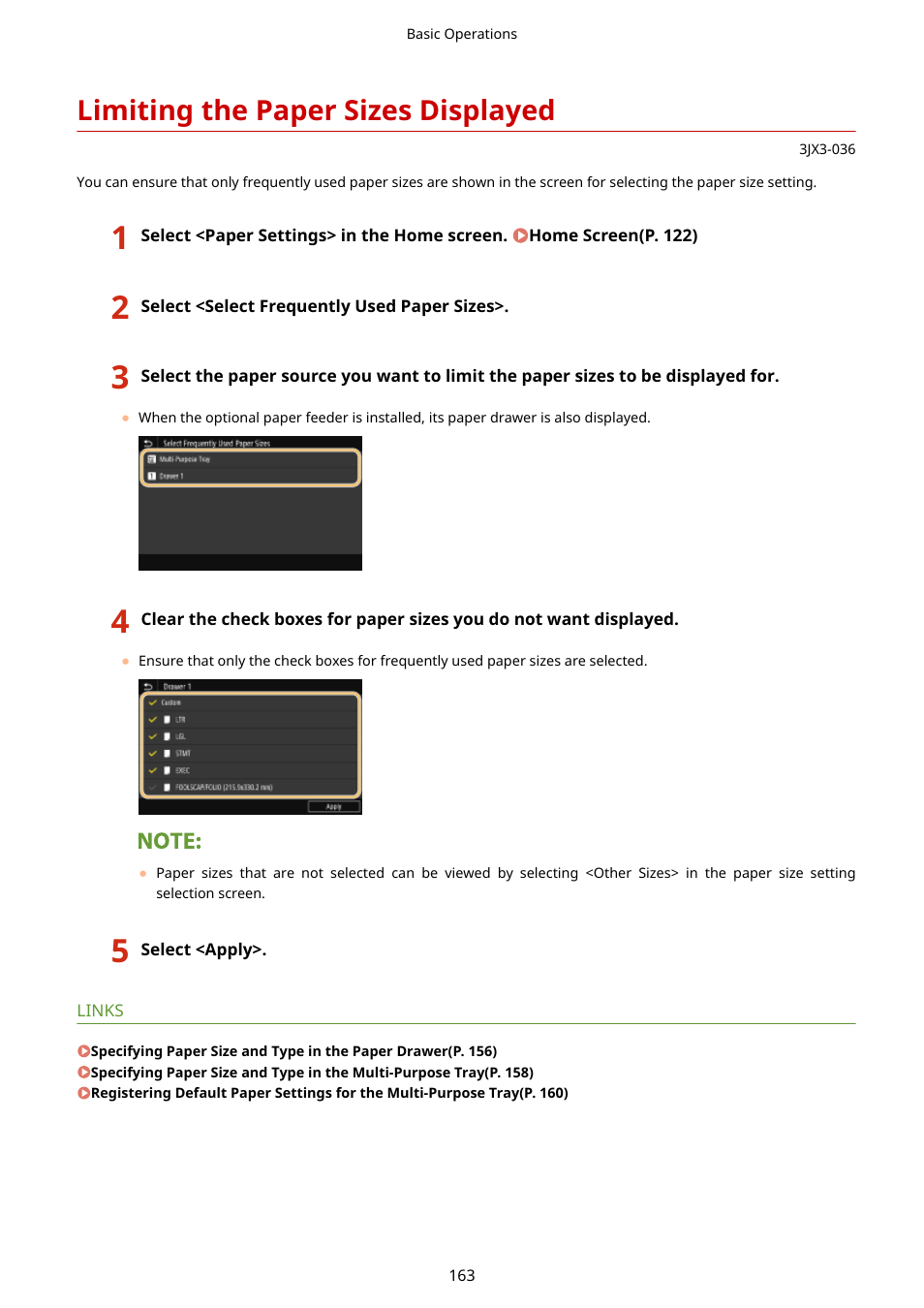Limiting the paper sizes displayed, Limiting the paper sizes displayed(p. 163) | Canon imageCLASS D1650 All-in-One Monochrome Laser Printer User Manual | Page 171 / 751