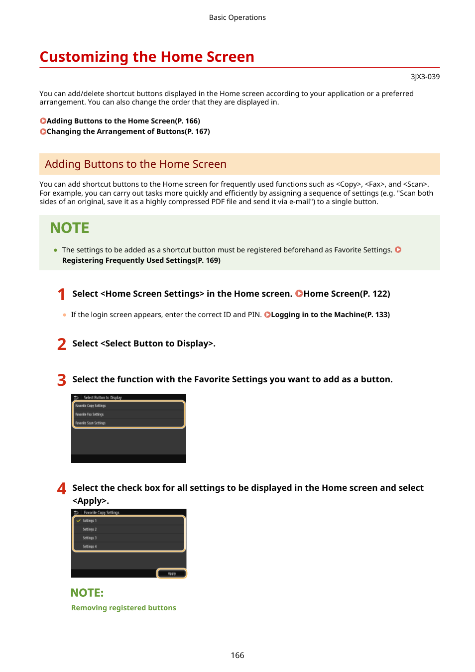 Customizing the home screen, Customizing the home screen(p. 166), Adding buttons to the home screen(p. 166) | Customizing the home, Screen(p. 166) | Canon imageCLASS D1650 All-in-One Monochrome Laser Printer User Manual | Page 174 / 751