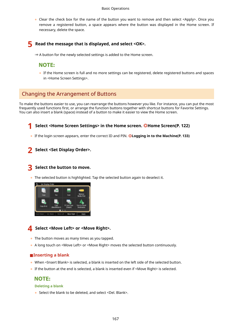 Changing the arrangement of buttons(p. 167), Changing the arrangement of buttons | Canon imageCLASS D1650 All-in-One Monochrome Laser Printer User Manual | Page 175 / 751