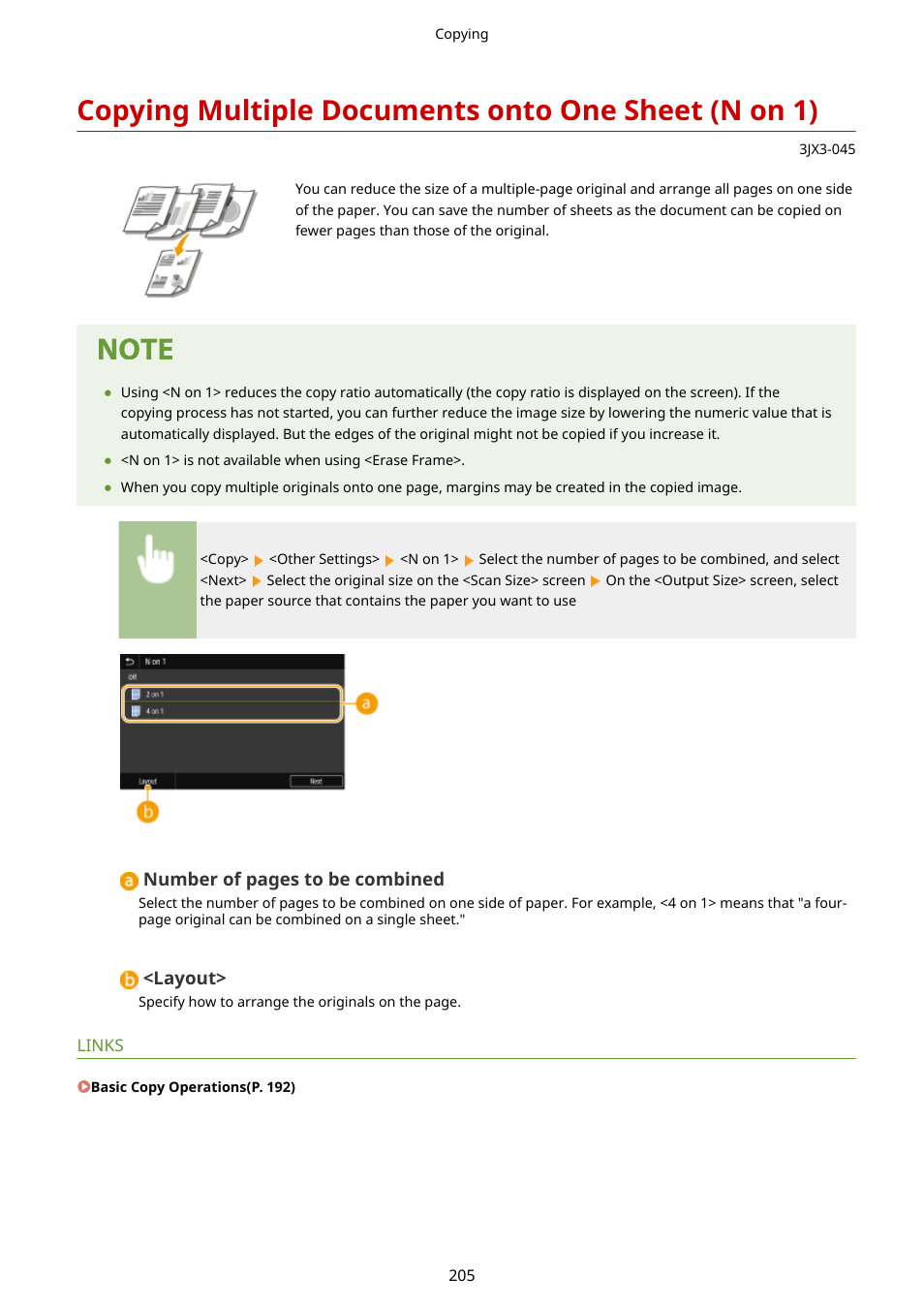 Copying multiple documents onto one sheet (n on 1), Copying multiple documents onto, One sheet (n on 1)(p. 205) | P. 205) | Canon imageCLASS D1650 All-in-One Monochrome Laser Printer User Manual | Page 213 / 751