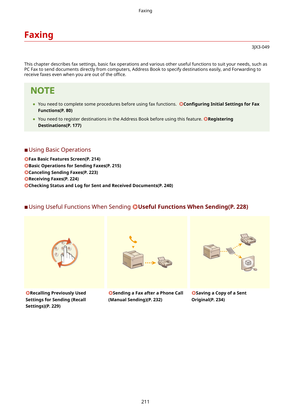 Faxing, Faxing(p. 211) | Canon imageCLASS D1650 All-in-One Monochrome Laser Printer User Manual | Page 219 / 751