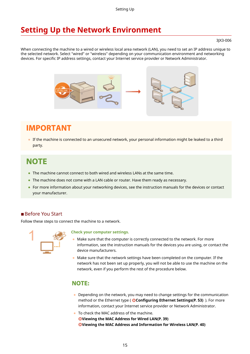 Setting up the network environment, Setting up the network environment(p. 15) | Canon imageCLASS D1650 All-in-One Monochrome Laser Printer User Manual | Page 23 / 751