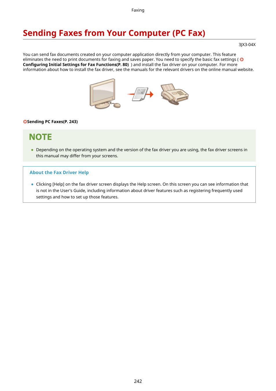 Sending faxes from your computer (pc fax), Sending faxes from your computer (pc fax)(p. 242) | Canon imageCLASS D1650 All-in-One Monochrome Laser Printer User Manual | Page 250 / 751