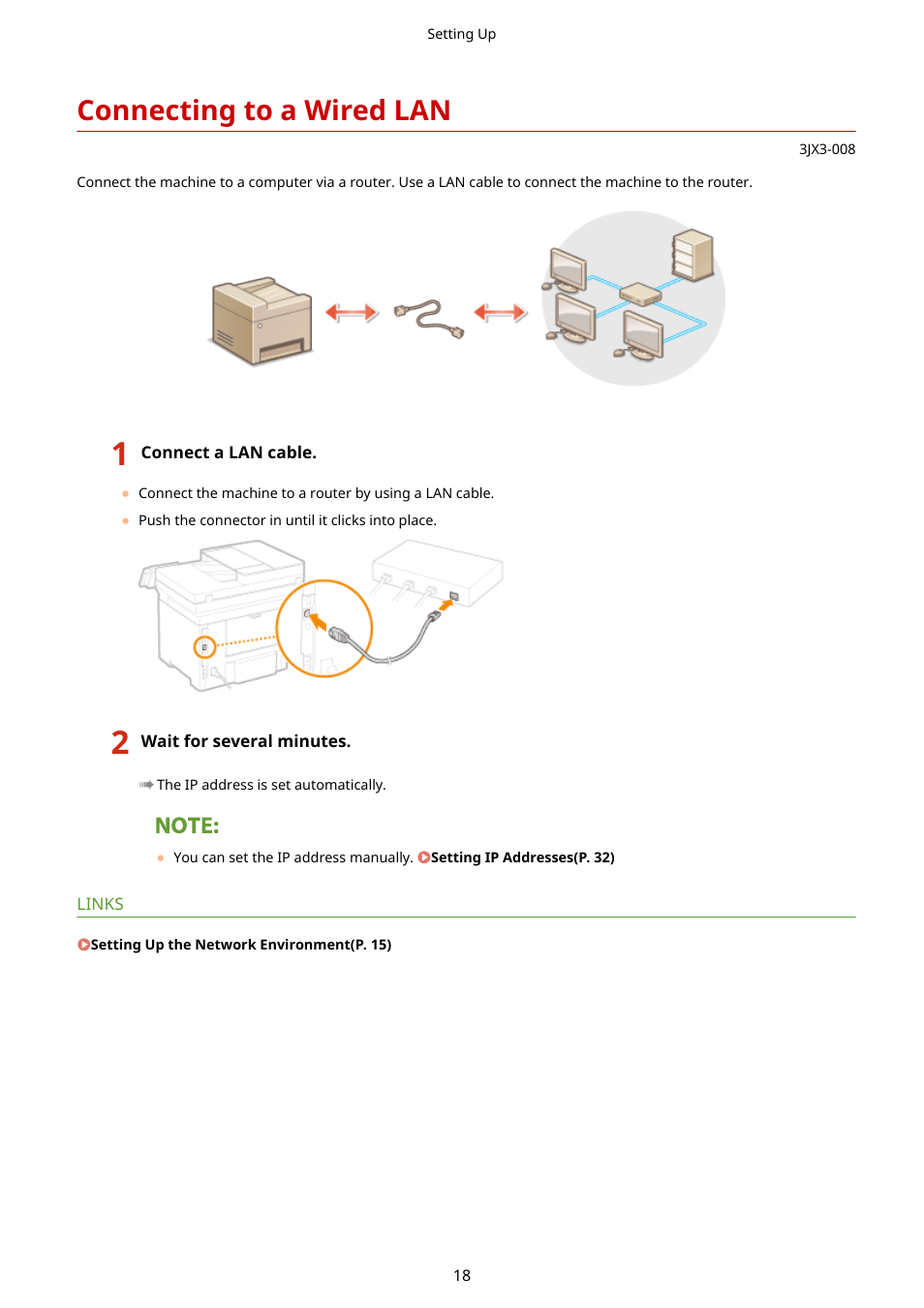 Connecting to a wired lan, Connecting to a wired lan(p. 18) | Canon imageCLASS D1650 All-in-One Monochrome Laser Printer User Manual | Page 26 / 751