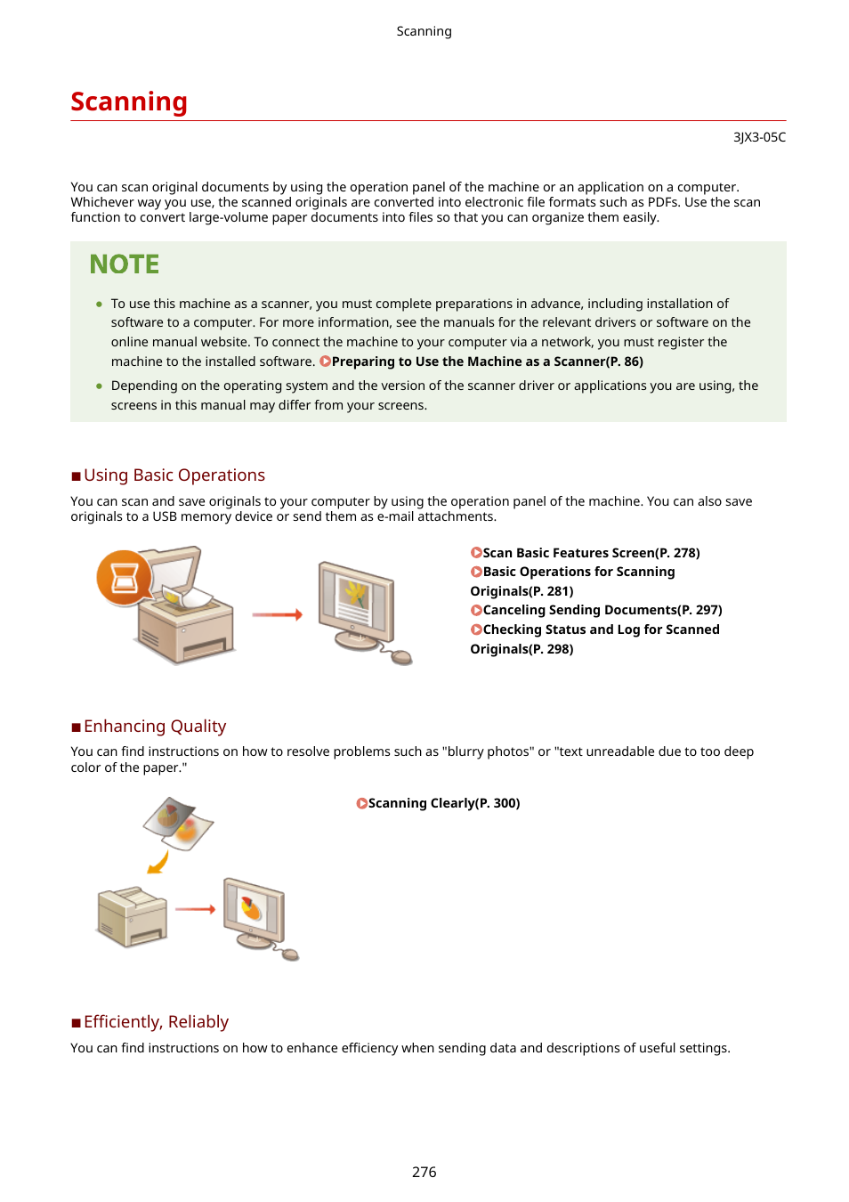 Scanning, On your computer or send them via e-mail, Scanning(p. 276) | Canon imageCLASS D1650 All-in-One Monochrome Laser Printer User Manual | Page 284 / 751