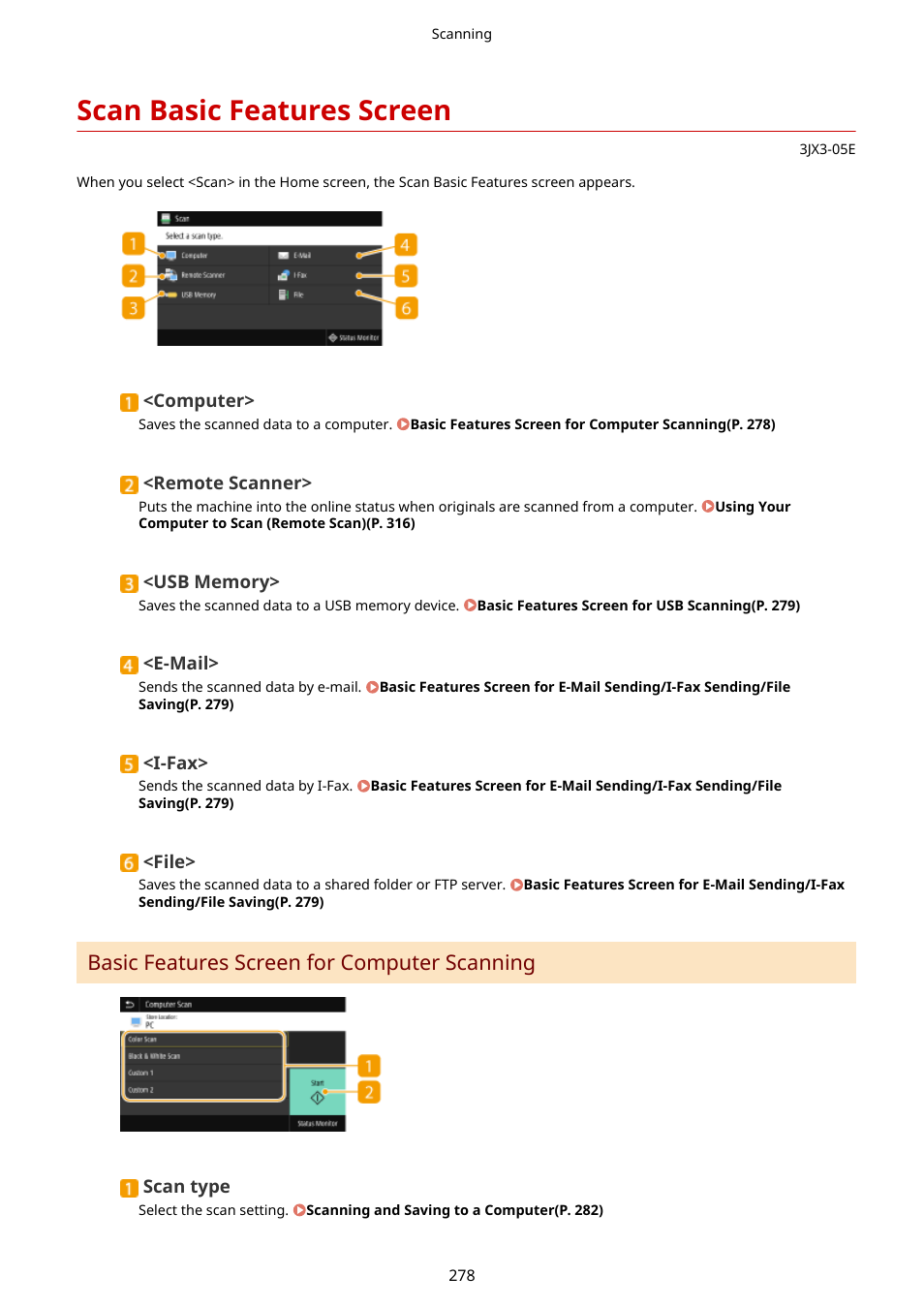 Scan basic features screen, Scan basic features screen(p. 278), Basic features screen for computer scanning | Canon imageCLASS D1650 All-in-One Monochrome Laser Printer User Manual | Page 286 / 751