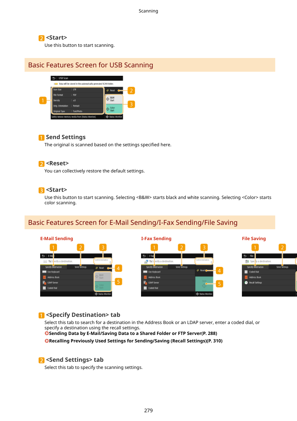 Saving(p. 279), Sending/file saving(p. 279), Basic features screen for usb scanning | Canon imageCLASS D1650 All-in-One Monochrome Laser Printer User Manual | Page 287 / 751