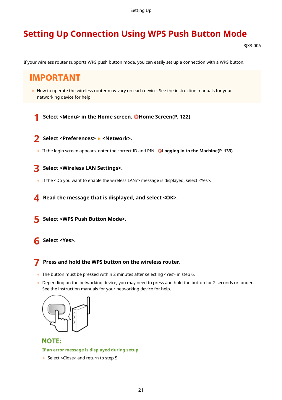 Setting up connection using wps push button mode | Canon imageCLASS D1650 All-in-One Monochrome Laser Printer User Manual | Page 29 / 751