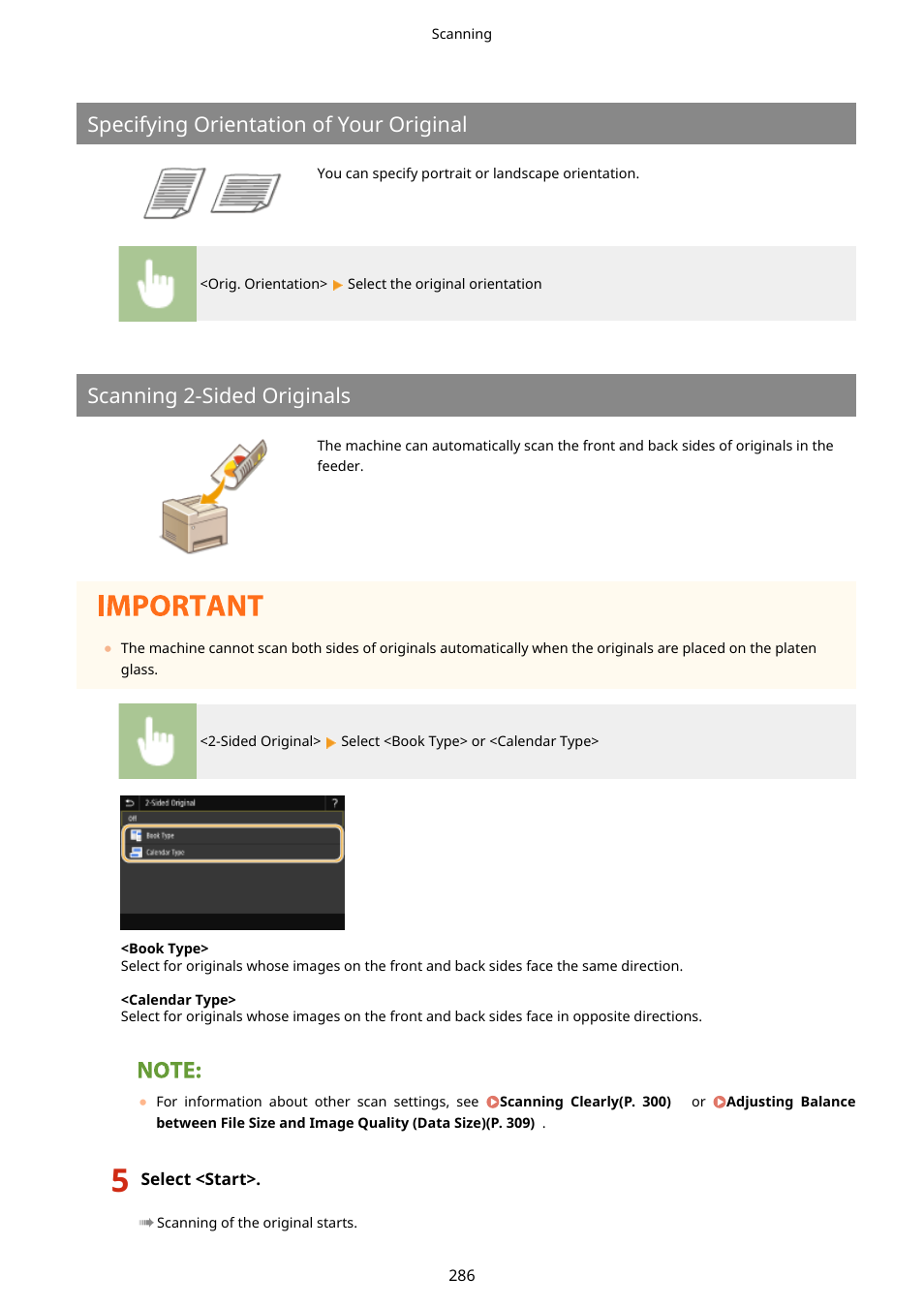 Specifying orientation of your original, Scanning 2-sided originals | Canon imageCLASS D1650 All-in-One Monochrome Laser Printer User Manual | Page 294 / 751