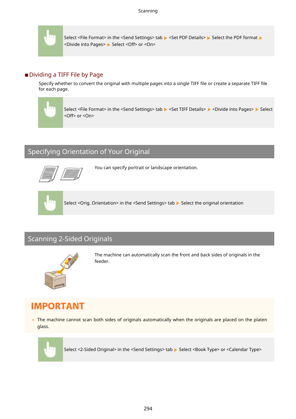 Specifying orientation of your original, Scanning 2-sided originals | Canon imageCLASS D1650 All-in-One Monochrome Laser Printer User Manual | Page 302 / 751