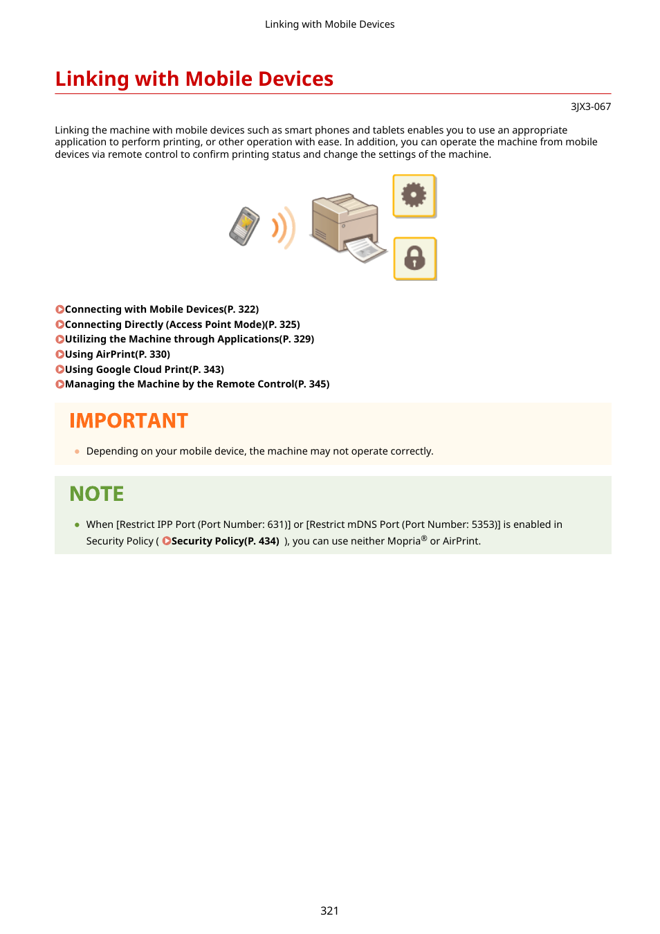 Linking with mobile devices, Linking with mobile devices(p. 321) | Canon imageCLASS D1650 All-in-One Monochrome Laser Printer User Manual | Page 329 / 751