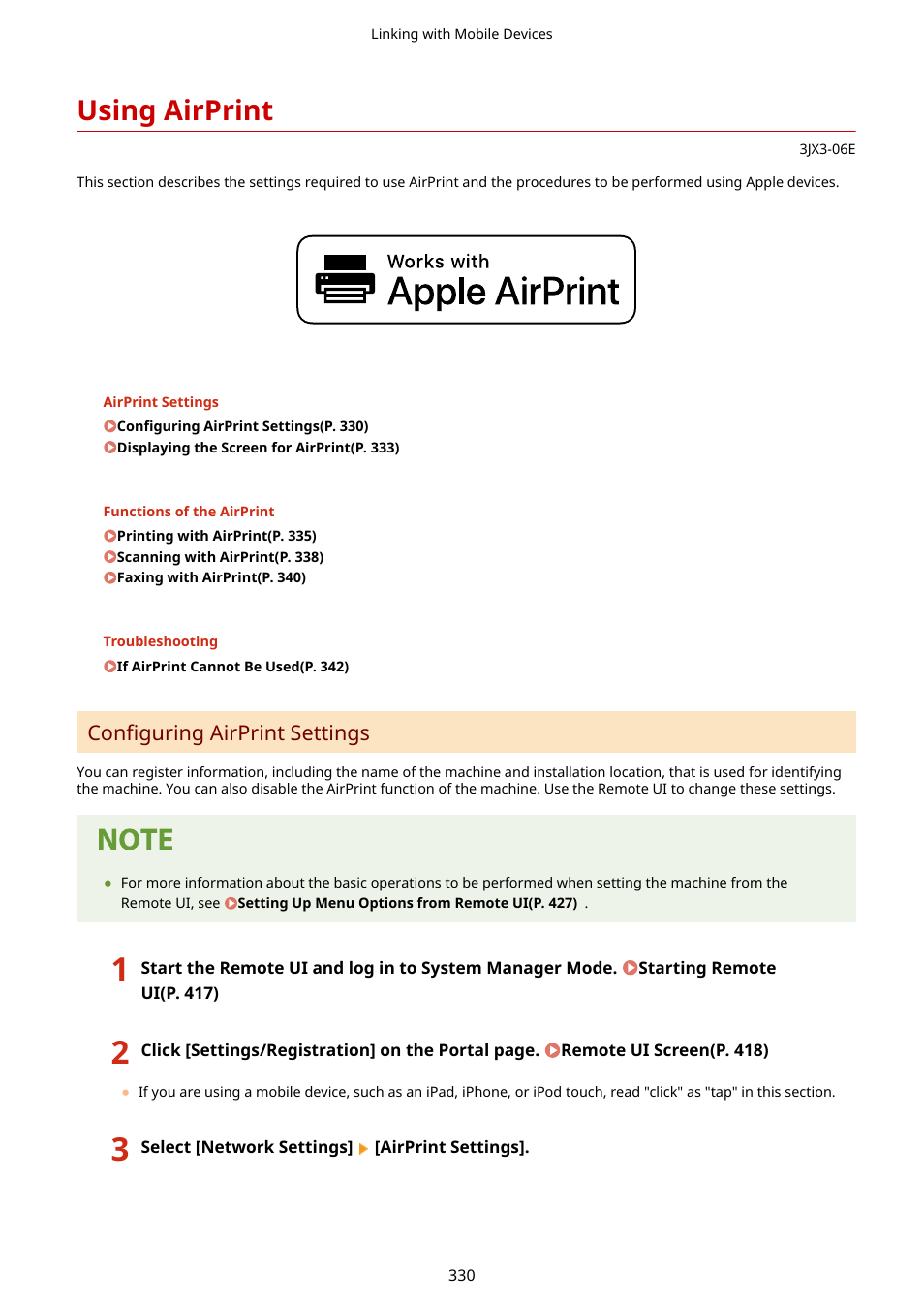 Using airprint, Using airprint(p. 330) | Canon imageCLASS D1650 All-in-One Monochrome Laser Printer User Manual | Page 338 / 751