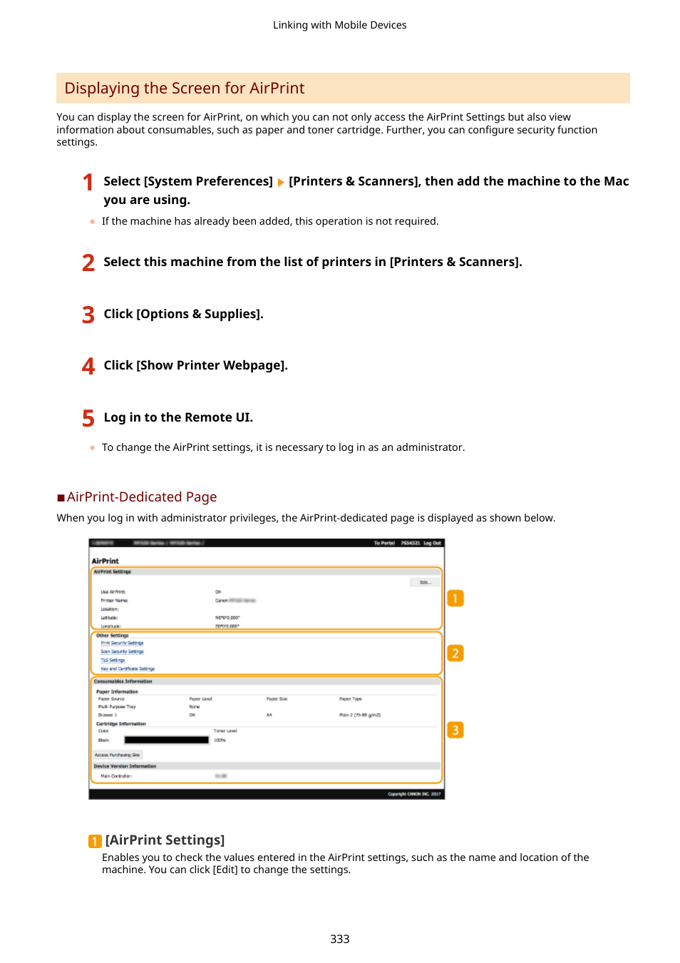 Displaying the screen for airprint(p. 333) | Canon imageCLASS D1650 All-in-One Monochrome Laser Printer User Manual | Page 341 / 751