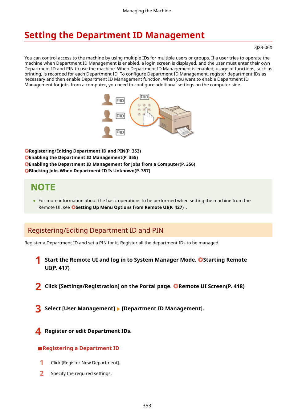 Setting the department id management, Department id management(p. 353), Setting the department id management(p. 353) | Canon imageCLASS D1650 All-in-One Monochrome Laser Printer User Manual | Page 361 / 751
