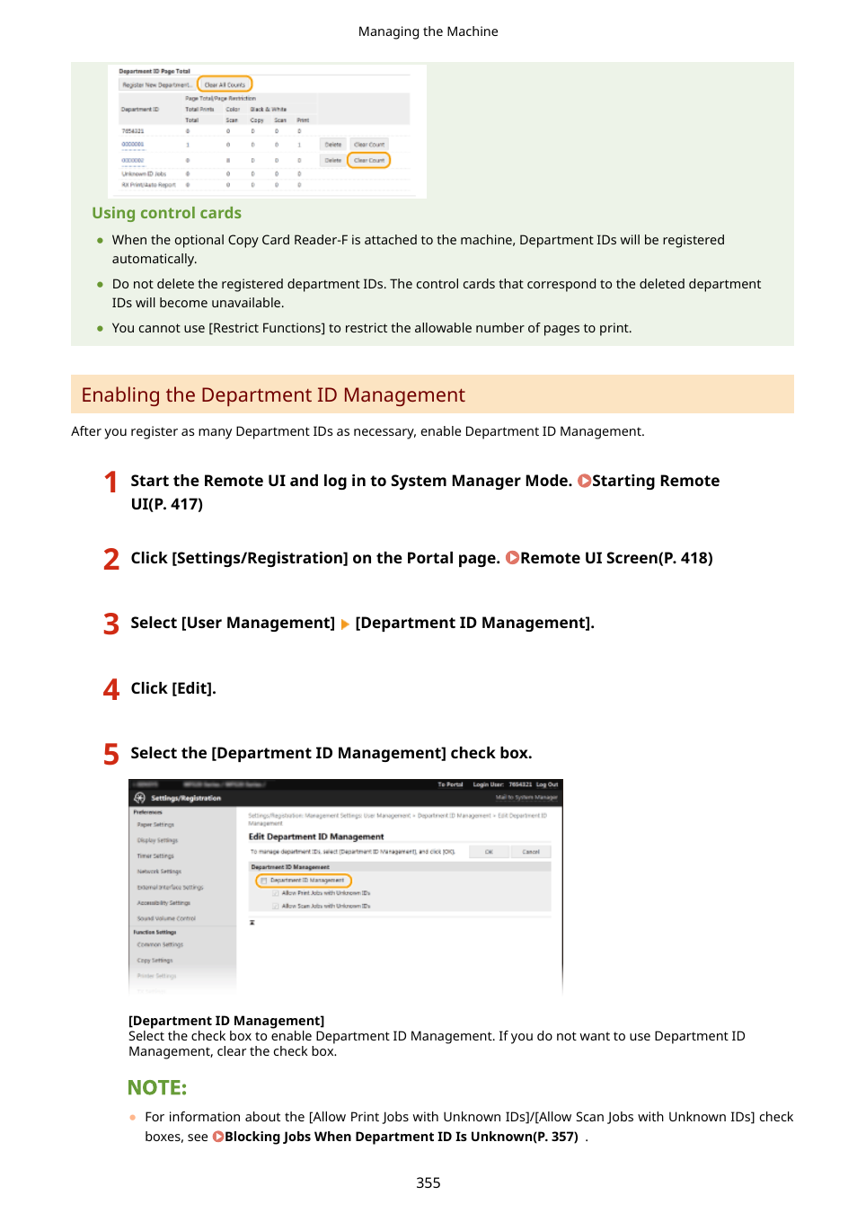Enabling the department id management(p. 355) | Canon imageCLASS D1650 All-in-One Monochrome Laser Printer User Manual | Page 363 / 751