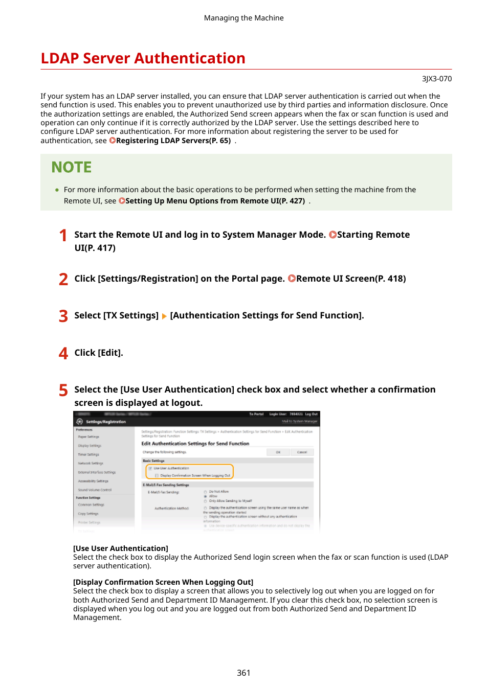 Ldap server authentication, Ldap server authentication(p. 361) | Canon imageCLASS D1650 All-in-One Monochrome Laser Printer User Manual | Page 369 / 751