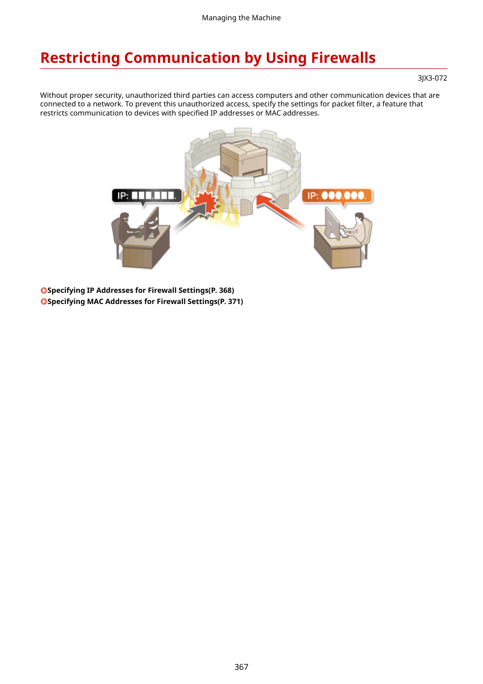 Restricting communication by using firewalls, Restricting communication, By using firewalls(p. 367) | Canon imageCLASS D1650 All-in-One Monochrome Laser Printer User Manual | Page 375 / 751