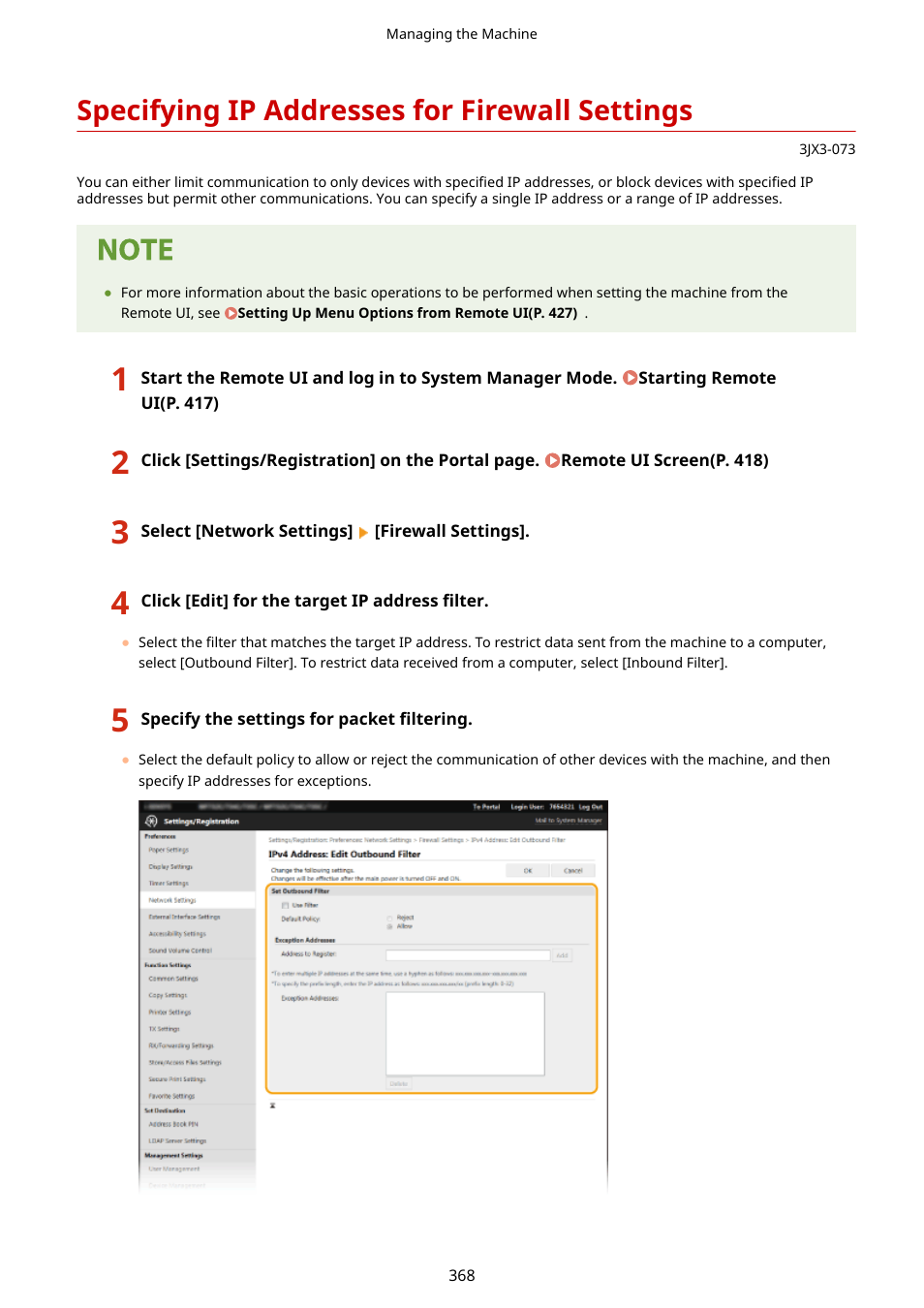 Specifying ip addresses for firewall settings, See specifying ip addresses for firewall, Settings(p. 368) | Canon imageCLASS D1650 All-in-One Monochrome Laser Printer User Manual | Page 376 / 751