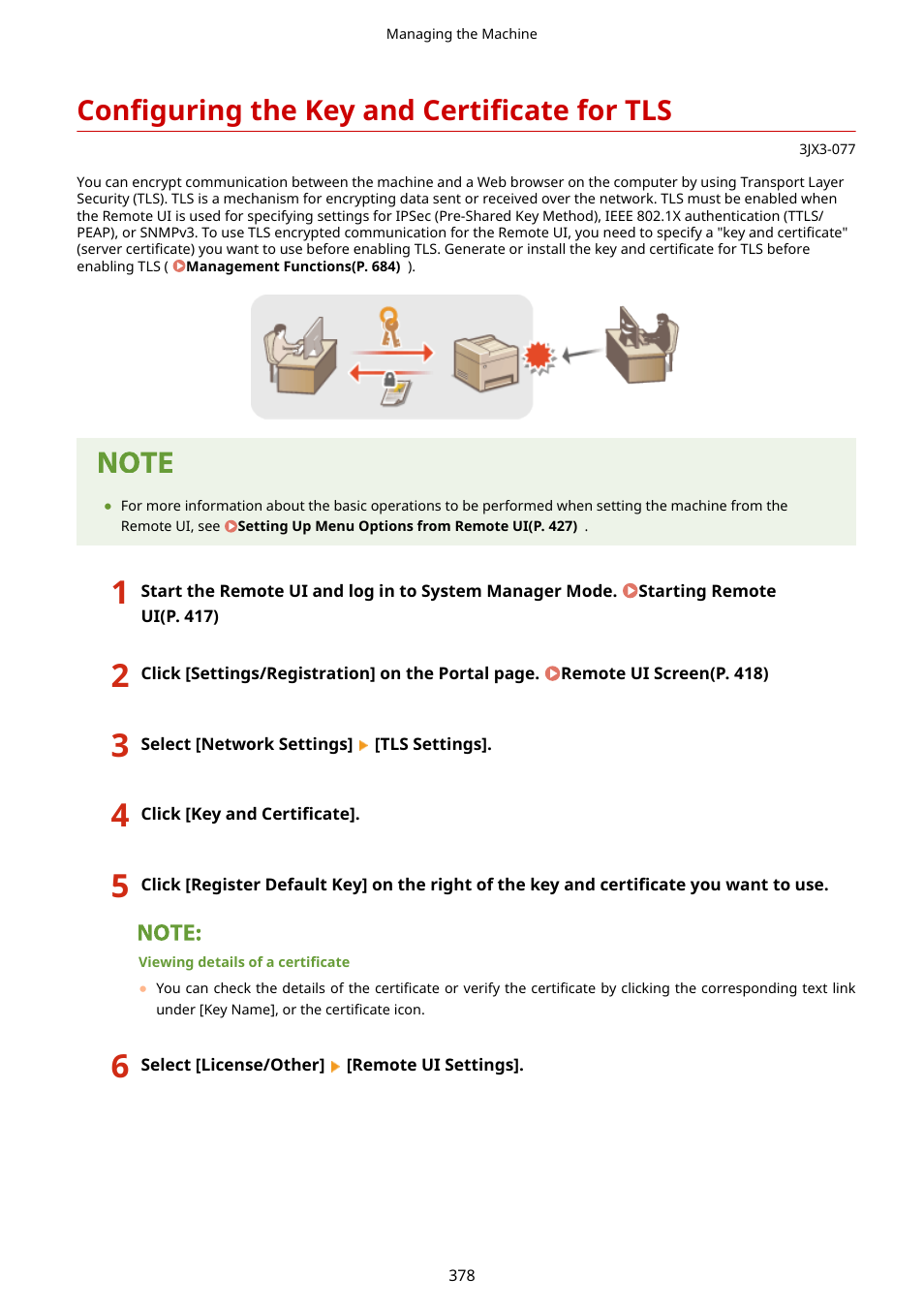 Configuring the key and certificate for tls, Configuring the key and, Certificate for tls(p. 378) ) | Canon imageCLASS D1650 All-in-One Monochrome Laser Printer User Manual | Page 386 / 751