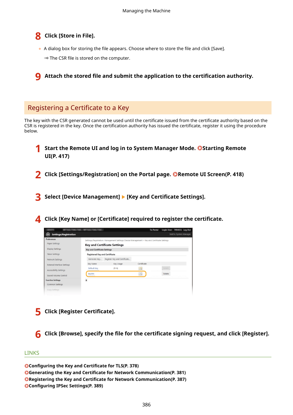 Registering a certificate to a key(p. 386) | Canon imageCLASS D1650 All-in-One Monochrome Laser Printer User Manual | Page 394 / 751