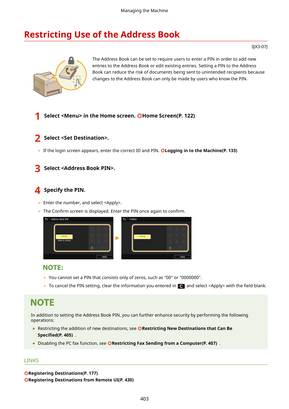 Restricting use of the address book, Restricting use of the address book(p. 403) | Canon imageCLASS D1650 All-in-One Monochrome Laser Printer User Manual | Page 411 / 751