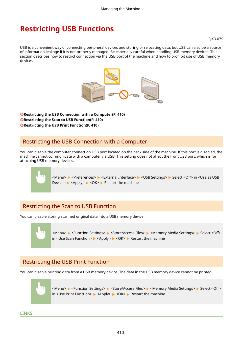 Restricting usb functions, Restricting usb functions(p. 410), Restricting the usb connection with a computer | Restricting the scan to usb function, Restricting the usb print function | Canon imageCLASS D1650 All-in-One Monochrome Laser Printer User Manual | Page 418 / 751