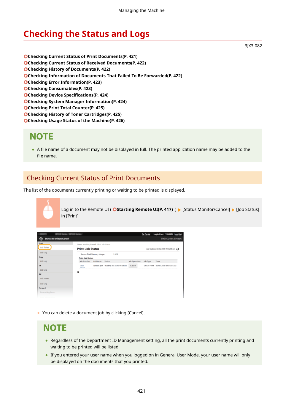 Checking the status and logs, Checking the status and logs(p. 421), Checking current status of print documents | Canon imageCLASS D1650 All-in-One Monochrome Laser Printer User Manual | Page 429 / 751