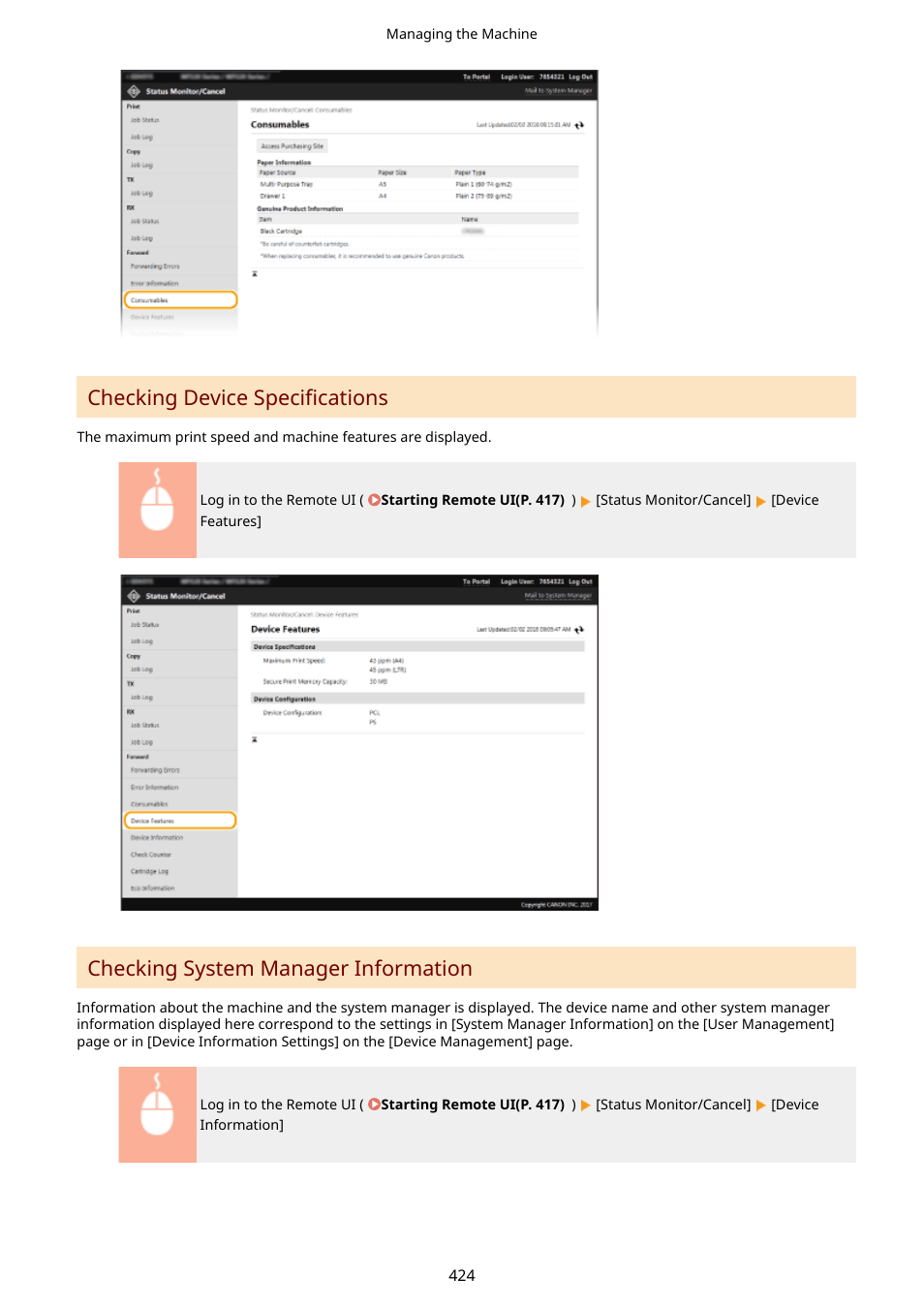 Checking system manager information(p. 424), Checking device specifications, Checking system manager information | Canon imageCLASS D1650 All-in-One Monochrome Laser Printer User Manual | Page 432 / 751