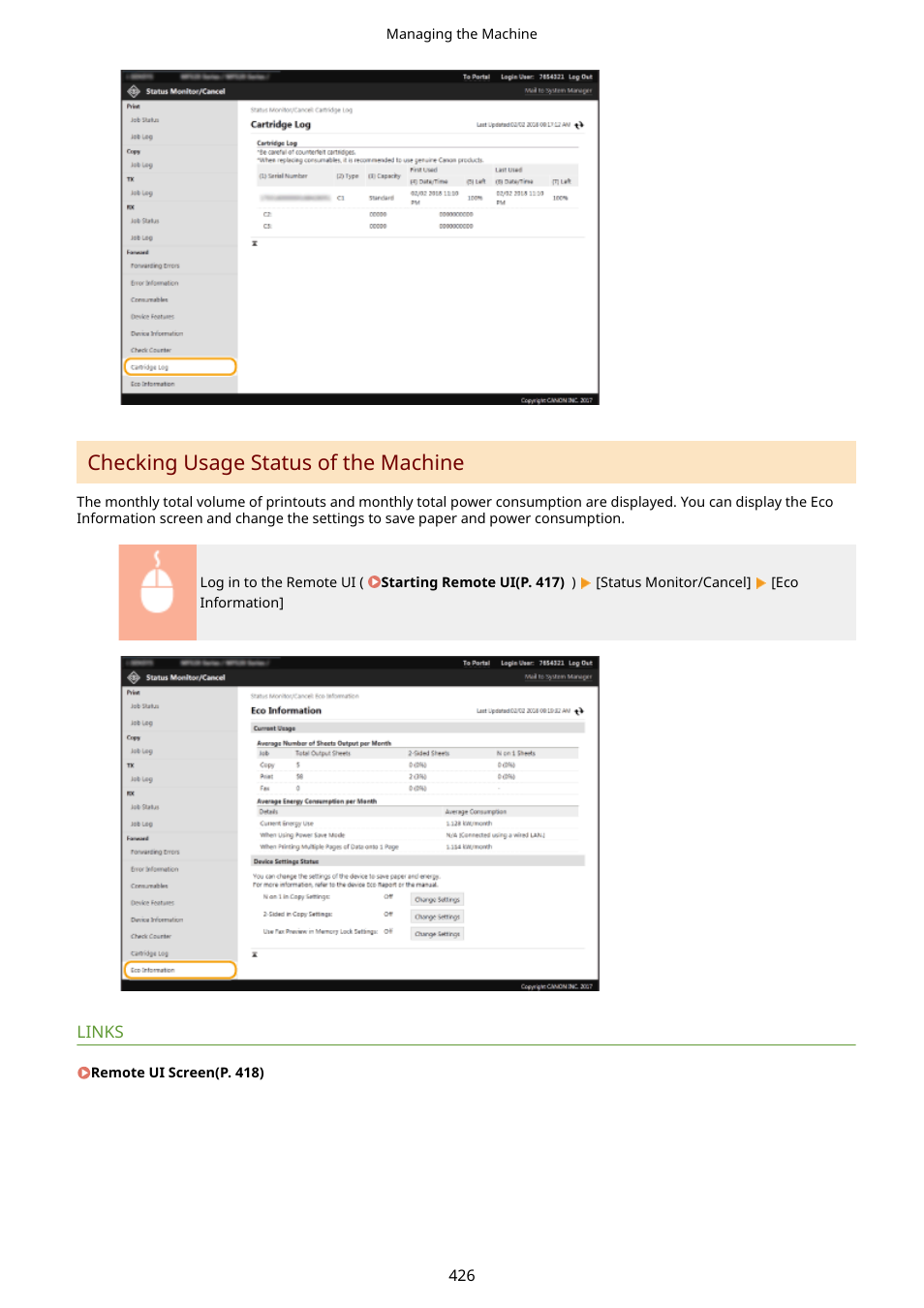 Checking usage status of the machine(p. 426), Checking usage status of the machine | Canon imageCLASS D1650 All-in-One Monochrome Laser Printer User Manual | Page 434 / 751