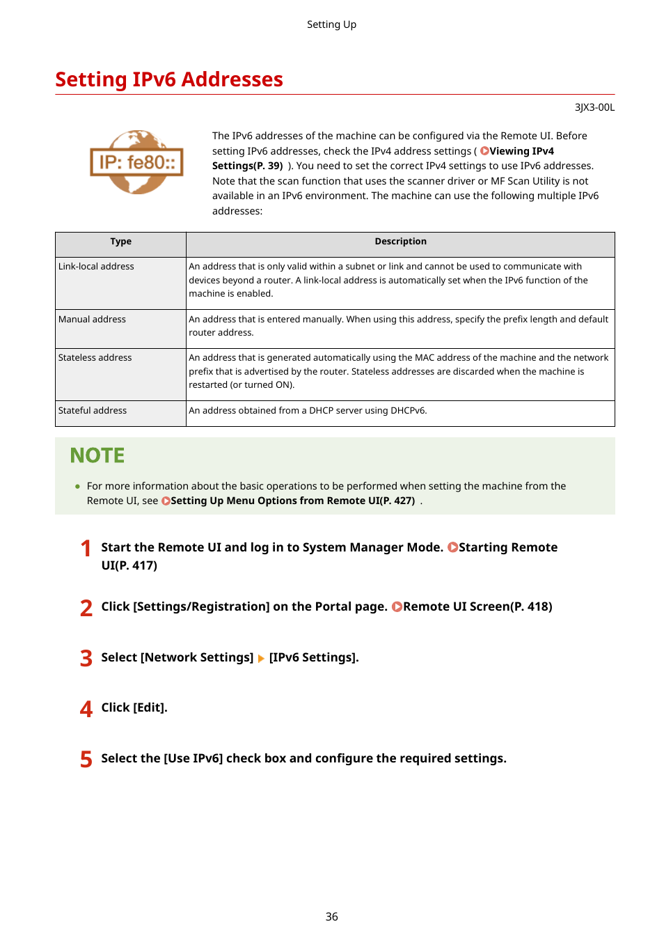 Setting ipv6 addresses | Canon imageCLASS D1650 All-in-One Monochrome Laser Printer User Manual | Page 44 / 751
