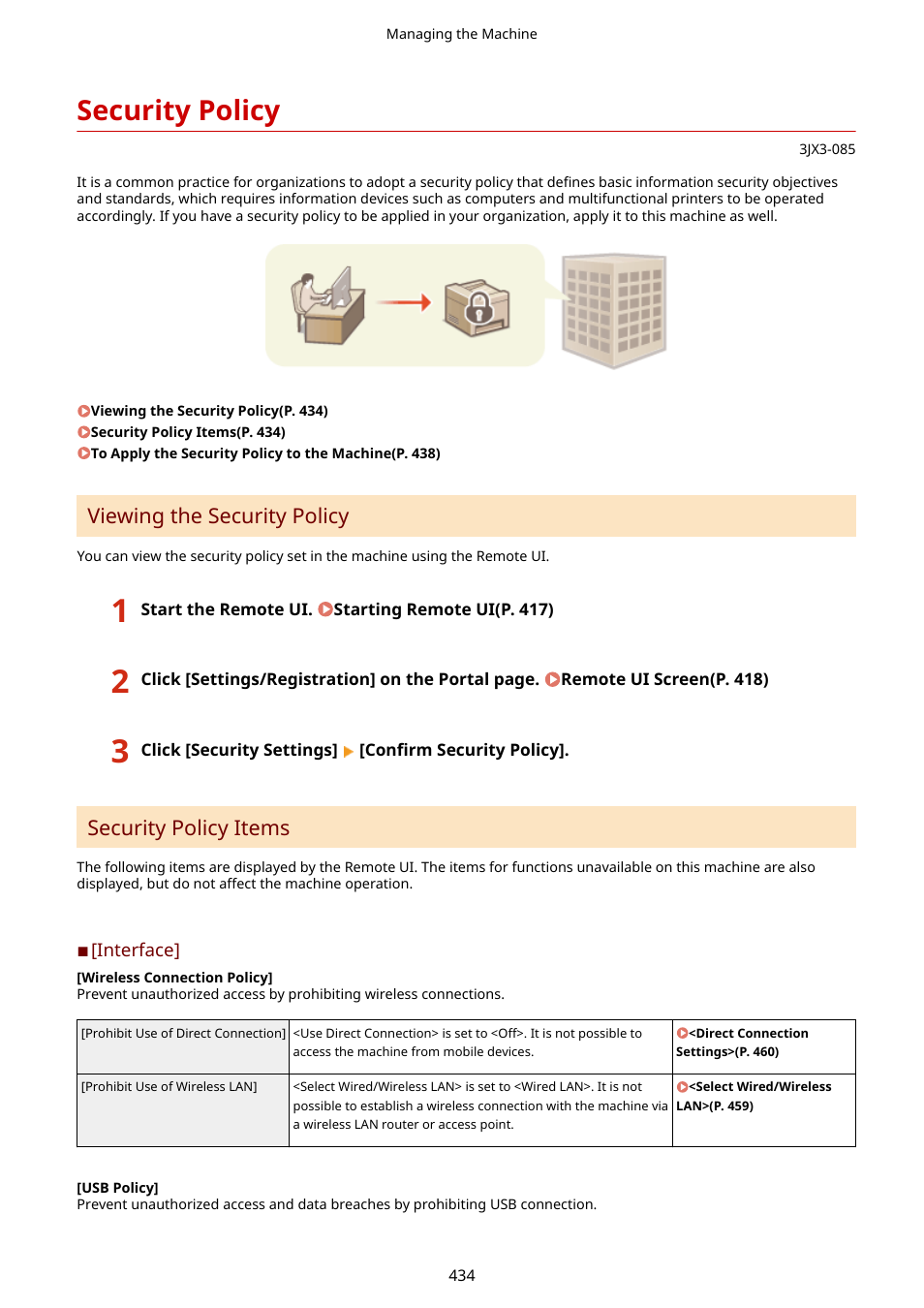 Security policy, Security policy ( security policy(p. 434), Security policy(p. 434) | Viewing the security policy, Security policy items | Canon imageCLASS D1650 All-in-One Monochrome Laser Printer User Manual | Page 442 / 751