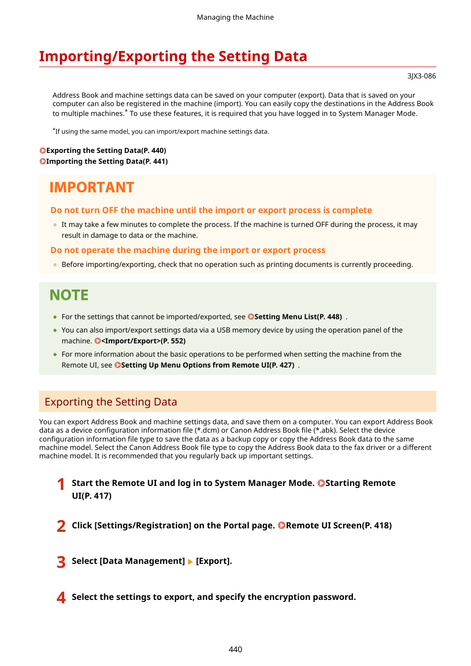 Importing/exporting the setting data, Importing/exporting the setting data(p. 440), Exporting the setting data | Canon imageCLASS D1650 All-in-One Monochrome Laser Printer User Manual | Page 448 / 751