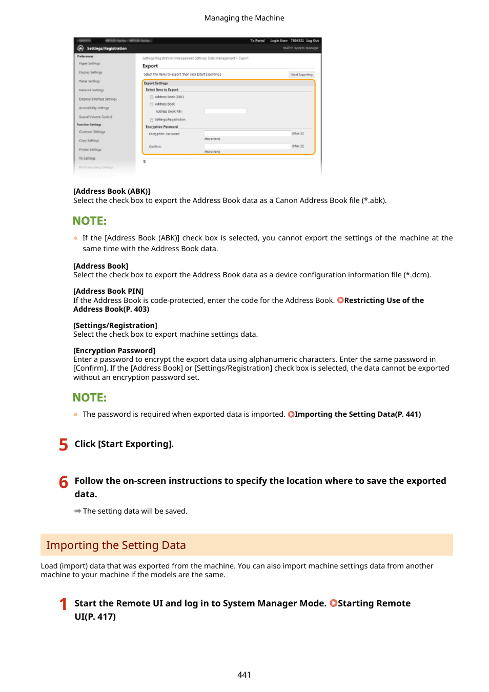Importing the setting data(p. 441), Importing the setting data | Canon imageCLASS D1650 All-in-One Monochrome Laser Printer User Manual | Page 449 / 751