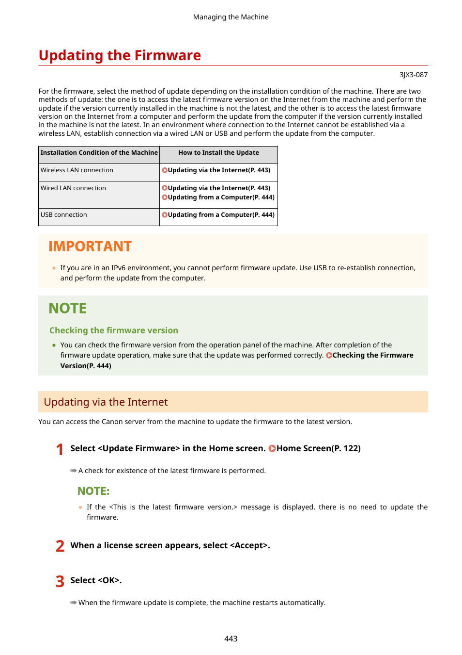 Updating the firmware, Via the internet. updating, The firmware(p. 443) | Updating via the internet | Canon imageCLASS D1650 All-in-One Monochrome Laser Printer User Manual | Page 451 / 751