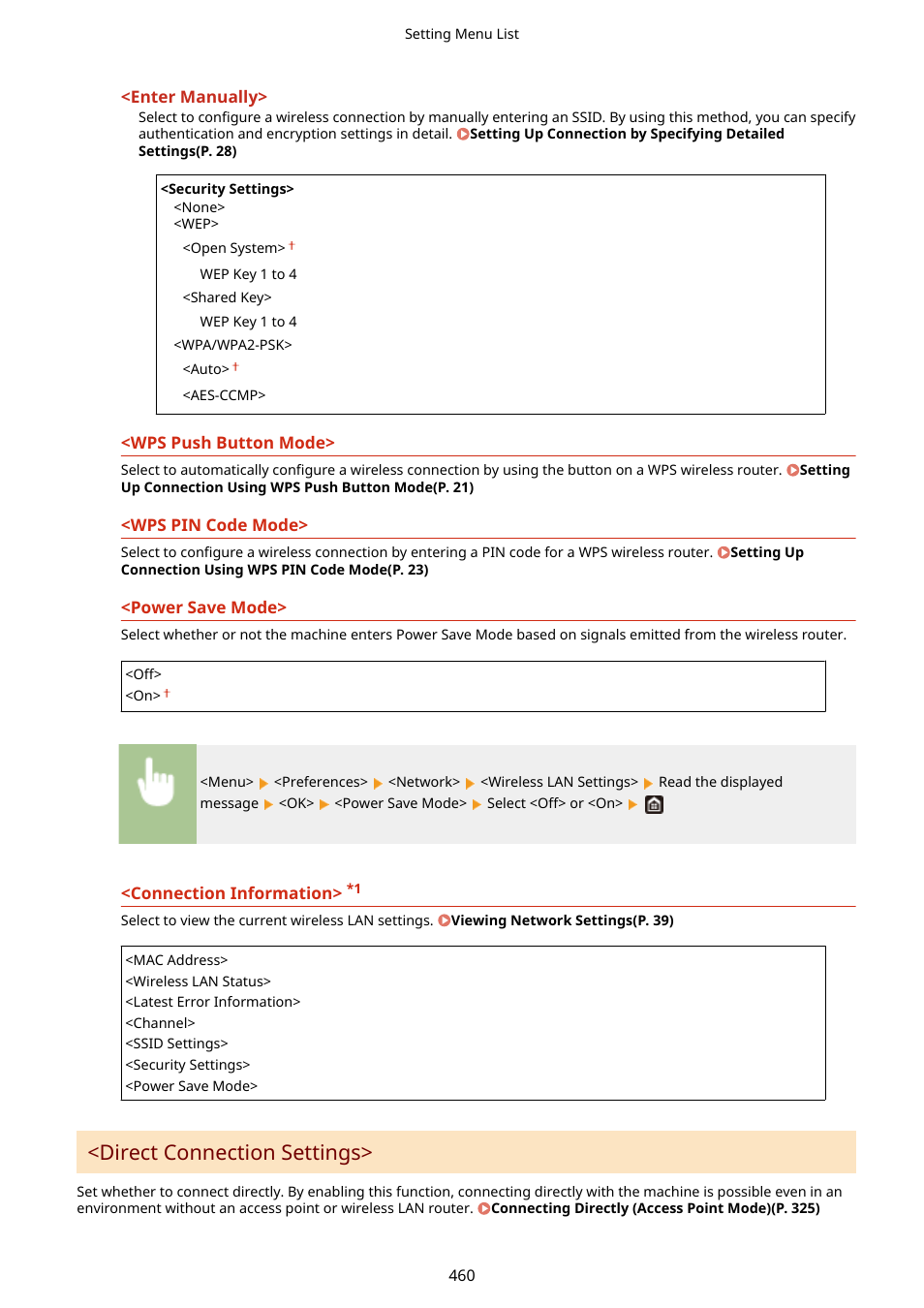 Outer. <power save mode>(p. 460), Direct connection, Settings>(p. 460) | Direct connection settings>(p. 460), Direct connection settings | Canon imageCLASS D1650 All-in-One Monochrome Laser Printer User Manual | Page 468 / 751