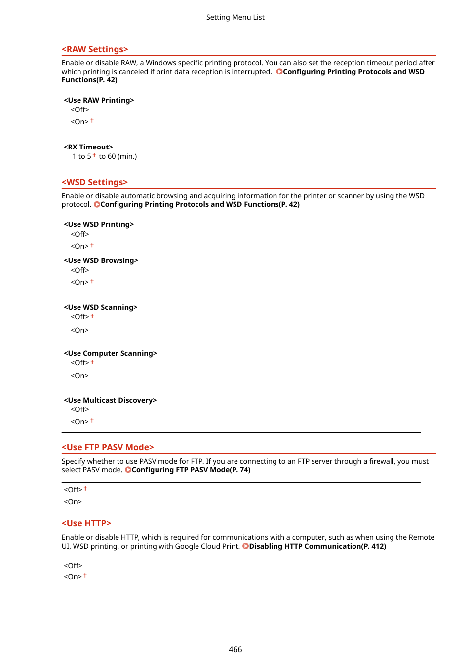 Raw settings>(p. 466) <wsd settings>(p. 466), Settings>(p. 466) | Canon imageCLASS D1650 All-in-One Monochrome Laser Printer User Manual | Page 474 / 751