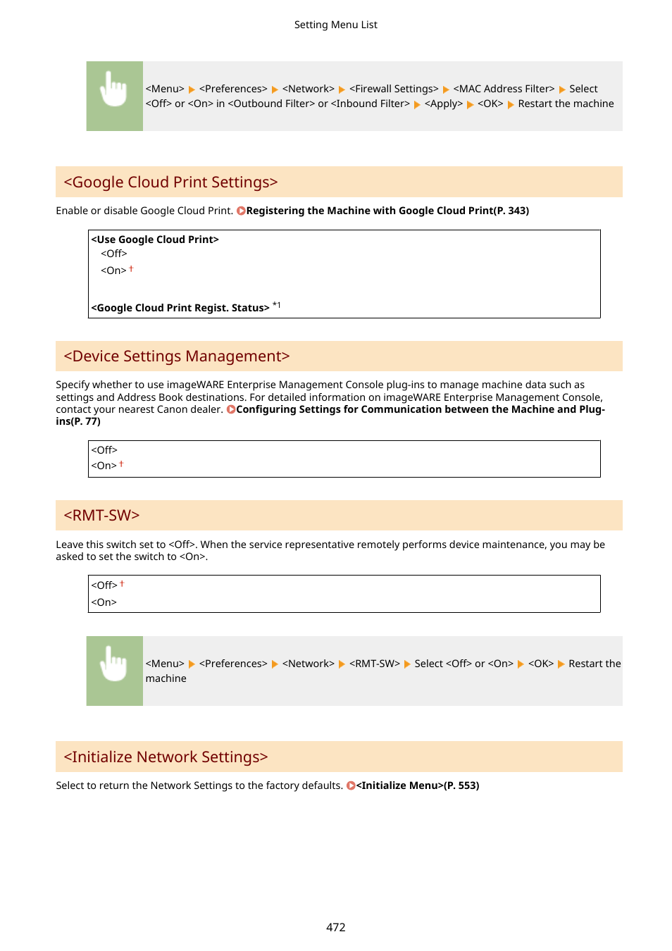 Een. <google cloud print settings>(p. 472), Google cloud print settings, Device settings management | Rmt-sw, Initialize network settings | Canon imageCLASS D1650 All-in-One Monochrome Laser Printer User Manual | Page 480 / 751